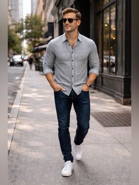 THE NORTH FACE Men’s Olive Gray White Plaid Button Down Long Sleeve Shirt M